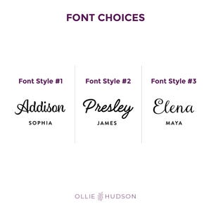 May include: Three font style options for names are shown. The first style is a cursive font with the name "Addison" and the word "Sophia" below it. The second style is a cursive font with the name "Presley" and the word "James" below it. The third style is a cursive font with the name "Elena" and the word "Maya" below it. The text "FONT CHOICES" is at the top of the image. The text "OLLIE HUDSON" is at the bottom of the image.