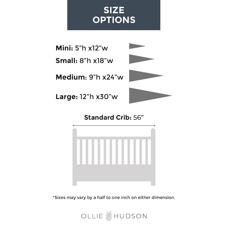 Op de afbeelding: Afbeelding toont maatopties voor een product: Mini (12.7cm h x 30.5cm b), Klein (20.3cm h x 45.7cm b), Medium (22.9cm h x 61cm b) en Groot (30.5cm h x 76.2cm b). Een standaard ledikantmaat van 142.2cm is ook afgebeeld.