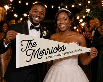 Customized wedding pennant with your name, date and location, Personalized party decor