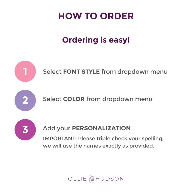 May include: How to order a personalized item.  Three steps are listed: 1. Select font style from dropdown menu. 2. Select color from dropdown menu. 3. Add your personalization.  Important: Please triple check your spelling, we will use the names exactly as provided.
