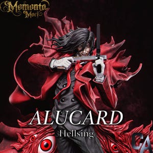 Peut inclure: Une figure vêtue d'une cape rouge aux longs cheveux noirs tient un pistolet et regarde intensément le spectateur. La figure est étiquetée "Alucard Hellsing" en texte blanc. L'arrière-plan est rouge foncé avec un motif rouge et noir.
