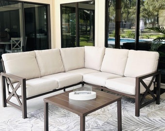 Six Pieces of Patio Furniture Sets, Metal L-Shaped Patio Conversation Sets with 6.5" Soft Cushions