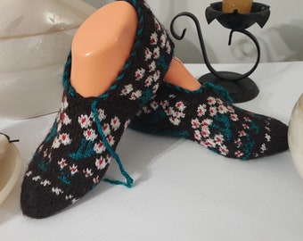 Frühlingszweig-Stricksocken, florale Strickhausschuhe, handgemachte gestrickte Ballerinas, türkische Damensocken, Socet, traditionelle Stricksocken