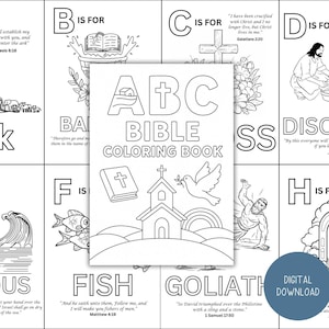 May include: Black and white ABC Bible Coloring Book with illustrations of biblical scenes. The cover features a church, dove, and rainbow. Each page has a letter, word, and related image, such as "Ark" and "Exodus".