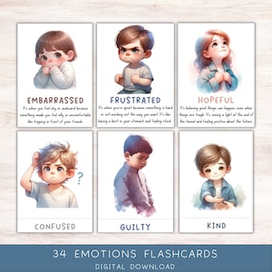 Cartes-éclair émotions, 34 cartes-éclair sentiments pour enfants, matériel Montessori, activité scolaire à domicile imprimable, apprentissage des émotions pour les tout-petits