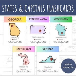 Karteikarten mit Bundesstaaten und Hauptstädten der USA, Homeschool-Aktivität der Vereinigten Staaten, Geografie für Kinder, druckbare US-Karte zum Lernen, Karten, 3,5 x 4,5 Zoll