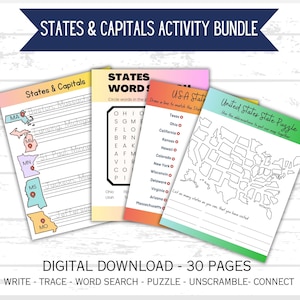 Aktivitätenset „Staaten und Hauptstädte“, druckbares Homeschooling der Vereinigten Staaten, Geographie für Kinder, druckbare US-Karte lernen, Handschrift, Bundle