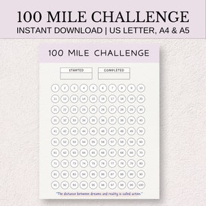Rastreador de desafíos de 100 millas, Pista de carrera de 100 millas, Hábitos saludables, Seguimiento de caminatas imprimible, Registro de ejercicios, Planificador de ejercicios de objetivos digitales