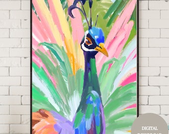 Lámina artística de pavo real colorido: Decoración moderna para el hogar (Descarga digital)