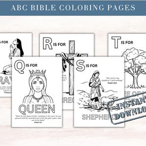 May include: A collection of black and white ABC Bible coloring pages. Each page features a letter and a related illustration, such as "P is for Prayer" and "Q is for Queen." The pages are designed for coloring and include Bible verses.