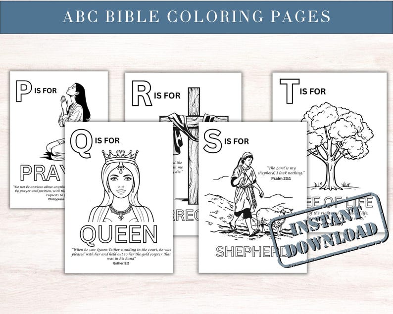 May include: A collection of black and white ABC Bible coloring pages. Each page features a letter and a related illustration, such as "P is for Prayer" and "Q is for Queen." The pages are designed for coloring and include Bible verses.