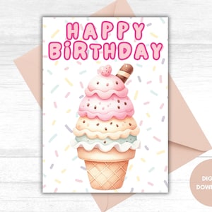 Biglietto di auguri di compleanno con gelato, Buon compleanno, Biglietto d'auguri rosa, Biglietto di auguri per un amico, Dolce compleanno, Festa di compleanno estiva, Regalo stampabile