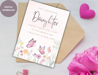 Biglietto D'Auguri Di Compleanno Per Figlia – Motivo Floreale Viola Con Farfalle – 150x150mm – Fatto A Mano In Inghilterra