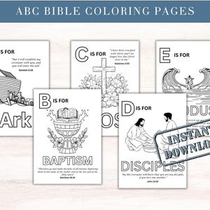 May include: A collection of black and white ABC Bible coloring pages. Each page features a letter, a corresponding word, and a related illustration. The pages include the words Ark, Baptism, Disciples, and Exodus. The phrase "Instant Download" is also visible.