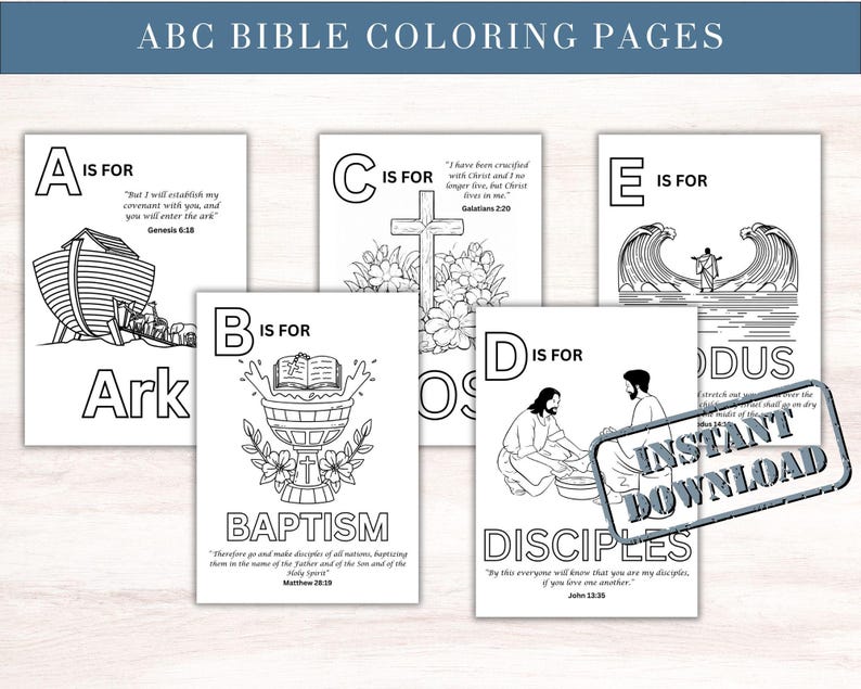 May include: A collection of black and white ABC Bible coloring pages. Each page features a letter, a corresponding word, and a related illustration. The pages include the words Ark, Baptism, Disciples, and Exodus. The phrase "Instant Download" is also visible.