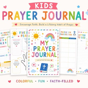 Peut inclure: Un journal de prière pour enfants coloré avec le texte "KIDS PRAYER JOURNAL" et "MY PRAYER JOURNAL". Le journal comprend des illustrations d'arc-en-ciel et de soleil, et est disponible en format lettre 8,5 x 11 et en format A5. Il est compatible avec les classeurs et téléchargeable numériquement.