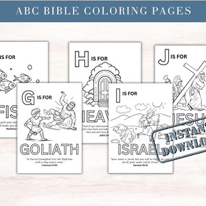 May include: A collection of black and white ABC Bible coloring pages. Each page features a letter, a corresponding word, and a related illustration. The pages include words like FISH, GOLIATH, HEAVEN, ISRAEL, and JESUS. The words are accompanied by Bible verses.