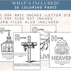 May include: A collection of black and white coloring pages with religious themes. The pages feature illustrations of a church, a cross, olive branches, and a door labeled "Heaven." Text includes Bible verses and the words "Worship," "Resurrection," and "Live."