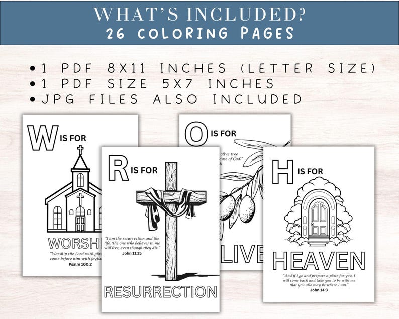 May include: A collection of black and white coloring pages with religious themes. The pages feature illustrations of a church, a cross, olive branches, and a door labeled "Heaven." Text includes Bible verses and the words "Worship," "Resurrection," and "Live."