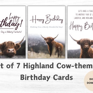 Set van 7 Highland Cow-verjaardagskaarten, gelukkige verjaardag, cadeau koeliefhebber, afdrukbare 5 x 7 kaart, vee, Schots, kaart voor vriend, wenskaart