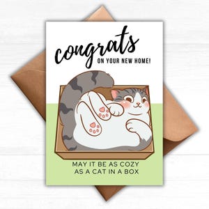 Félicitations pour votre nouvelle carte de voeux pour la maison, carte imprimable chat dans une boîte pour pendaison de crémaillère, premier cadeau pour la maison, félicitations pour votre nouvelle maison