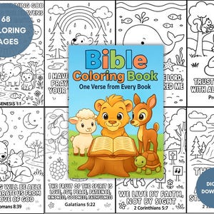 Könnte beinhalten: Ein Bibel-Malbuch mit blauem Cover, das einen Löwen, ein Reh, ein Lamm und eine Schildkröte beim Lesen eines Buches zeigt. Das Buch enthält 68 Ausmalbilder mit Bibelversen und Illustrationen. Digitaler Download.