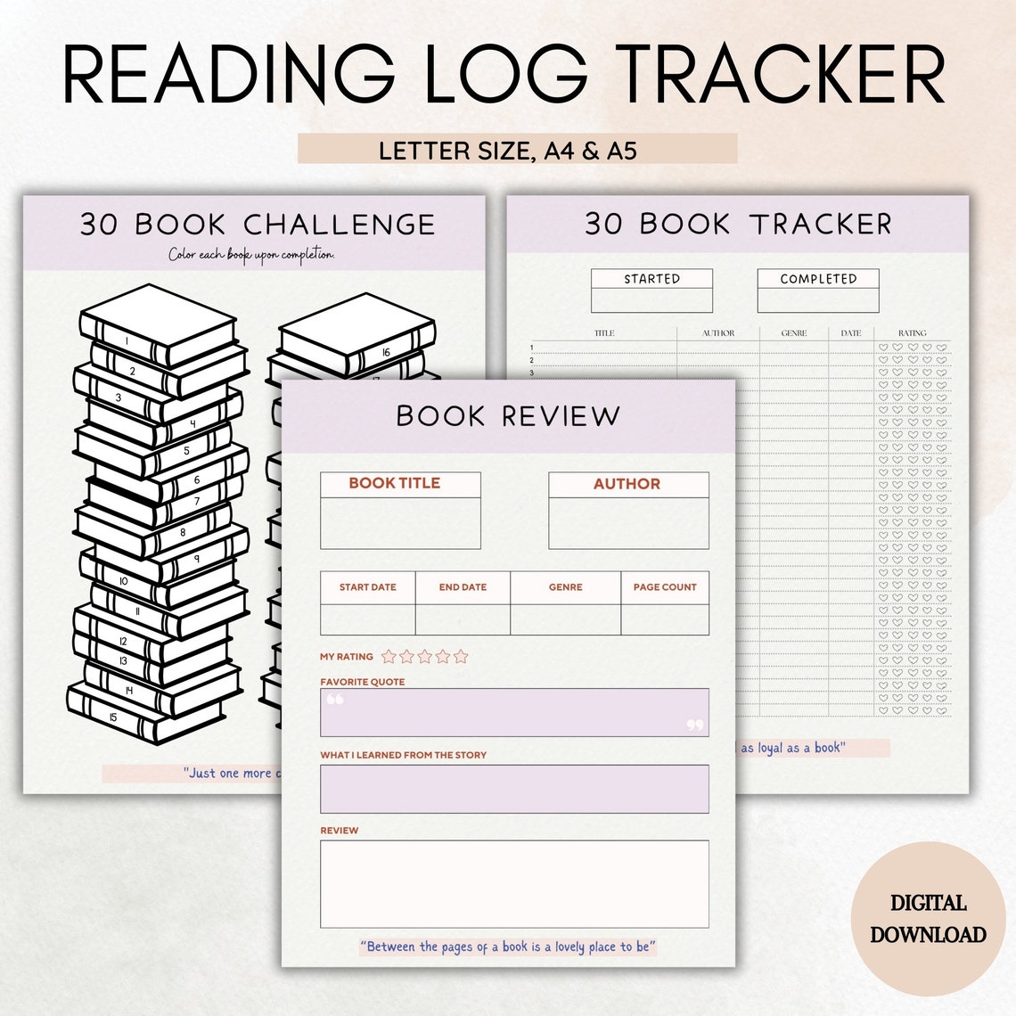 30 Book Reading Challenge Tracker: Digital Reading Journal (letter, A4 ...
