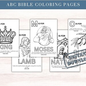 May include: A collection of black and white ABC Bible coloring pages. Each page features a letter, a corresponding illustration, and a Bible verse. The pages include the words "KING", "LAMB", "MOSES", "NATIVITY", and "OLIVE". The text "ABC BIBLE COLORING PAGES" is at the top.