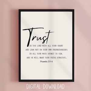 Trust in the Lord Wall Art, Minimalist Christian Bible Verse Print, Neutral Digital Proverbs 3:5-6, Scripture Quote Printable Home Decor