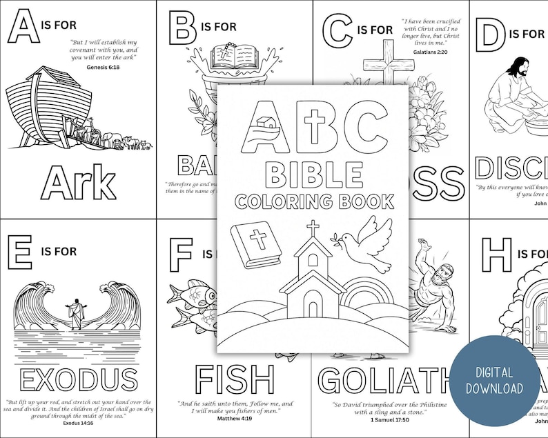 May include: Black and white ABC Bible Coloring Book with illustrations of biblical scenes. The cover features a church, dove, and rainbow. Each page has a letter, word, and related image, such as "Ark" and "Exodus".
