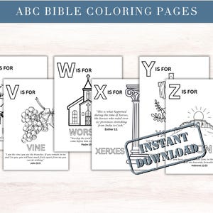 May include: A collection of printable ABC Bible coloring pages. Each page features a letter of the alphabet with a corresponding illustration and Bible verse. The pages include images of a church, grapes, and a city.