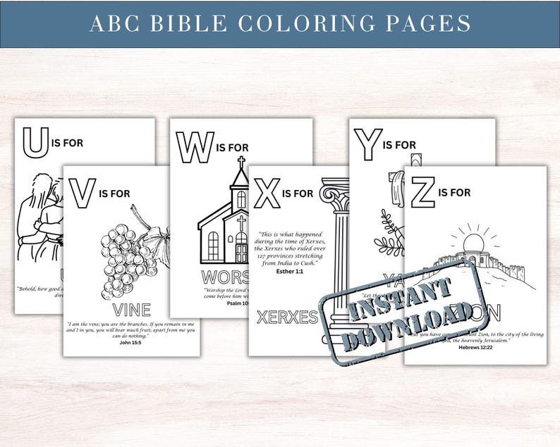 May include: A collection of printable ABC Bible coloring pages. Each page features a letter of the alphabet with a corresponding illustration and Bible verse. The pages include images of a church, grapes, and a city.