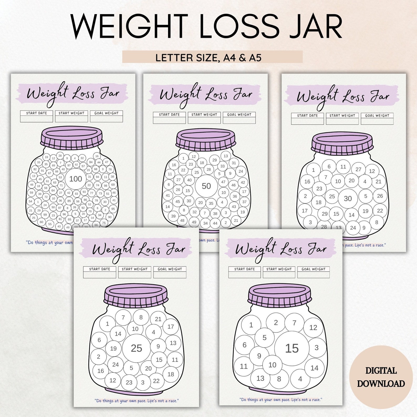 Weight Loss Tracker Jar Bundle Diet Tracking, 100lbs Weightloss Journal ...