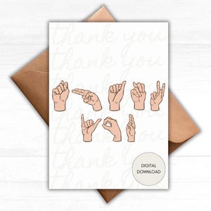 ASL Dankeskarte, Amerikanische Gebärdensprache Grußkarte, ASL Geschenk, digitaler Download, 5x7 Karte mit druckbarem Umschlag