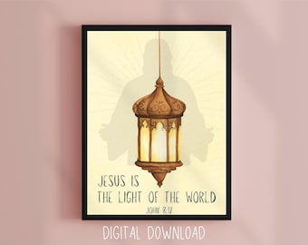 John 8:12 Jesus is the light of the world, Printable Bible Verse Wall Art, Christian Home Decor, Digital Download Christmas Scripture Print