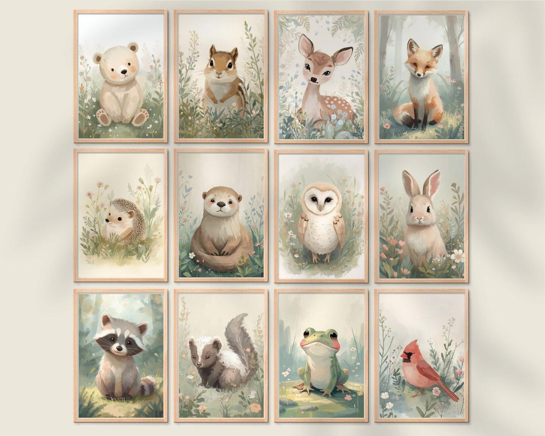 Woodland Animal Nursery Art Set, Forest Friends Baby Room Decor Prints ...