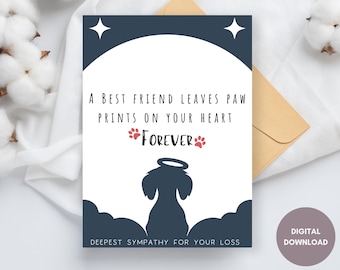 May include: A sympathy card with a blue and white background featuring a silhouette of a dog with a halo. The card reads "A best friend leaves paw prints on your heart *Forever*" and "Deepest sympathy for your loss".