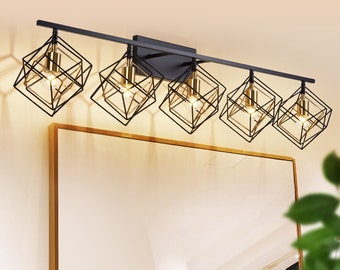 Bathroom Light Fixtures 5-Lights Vanity Lights over Mirror, Bathroom Vanity Lighting Fixtures Modern Black and Gold Unique Rotatable 3 Cube
