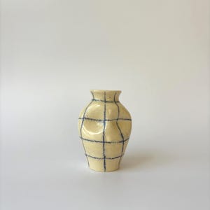 May include: A small, cream-colored ceramic vase with a grid pattern of dark blue lines. The vase has a rounded body and a narrow neck, suitable for displaying small flowers or as a decorative accent piece.