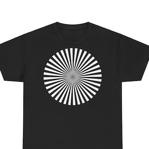 May include: Black t-shirt with a white circular design featuring radiating lines.