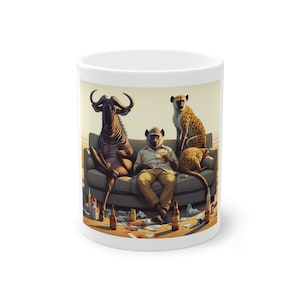 Könnte beinhalten: Weiße Keramiktasse mit einer humorvollen Illustration eines Gnus, eines Pavians und eines Geparden, die auf einem Sofa entspannen. Die Tiere sind lässig gekleidet, umgeben von Flaschen und Müll, was auf ein entspanntes Treffen hindeutet. Die Tasse hat eine glänzende Oberfläche.