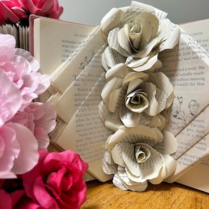 May include: A handmade paper flower arrangement with three cream-colored roses made from book pages. The roses are arranged on an open book with visible text. Pink and red roses are in the background.