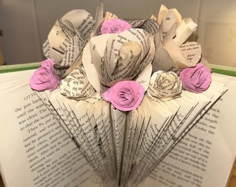 Handcrafted Customizable Roses in Vase Folded Book Art