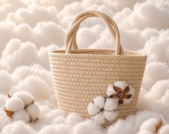 Woven Cotton Rope Gift Bag with Real Cotton Florals, Eco-Friendly Party Favors