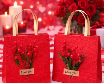 Handmade Red Gift Bag, Dried Flowers, Eco-Friendly