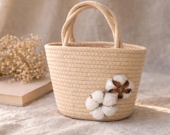 Woven Cotton Rope Basket with Cotton Florals, Rustic Favor Bag