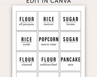 May include: A white printable sheet with pantry labels. The labels include categories like flour, rice, sugar, popcorn, and pecans. The text "EDITABLE PANTRY LABELS" and "PRINT AT HOME EDIT IN CANVA" are at the top. The sheet is 8.5" x 11" PDF.