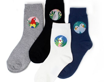 LIVEBEAR | 4 Pairs | Women’s Cute Funny Novelty Casual Cotton Crew Socks | Parrot Tropicana Nature Bird Design | Made in Korea