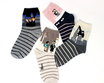 Movie Scene Socks: Women's Novelty Cotton Crew Socks - Made in Korea (4 Pairs)