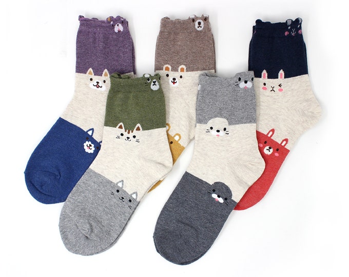 LIVEBEAR | 5 Pairs | Women’s Cute Funny Novelty Casual Cotton Crew Socks | Layered Animals Colorful Minimalistic | Made in Korea